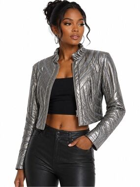 Bebe Metallic Silver Faux Leather Moto Jacket Cropped Size S